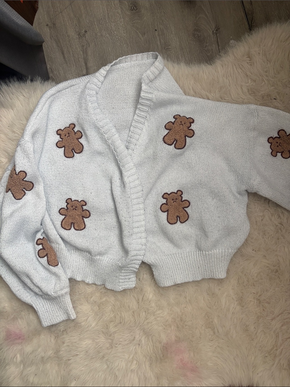 Women’s Cropped White Cardigan  Sweater with frowning Brown Teddy Bears